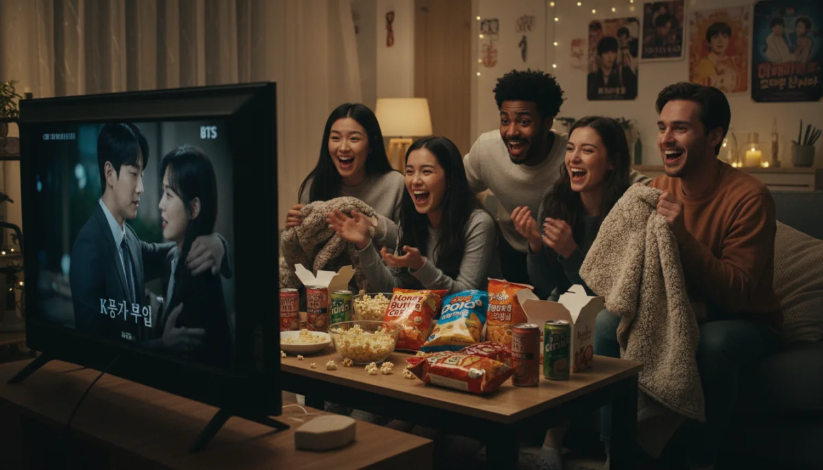 Grupo de amigos assistindo a um K-drama juntos, compartilhando risadas e a emoção das cenas em uma sala aconchegante.
