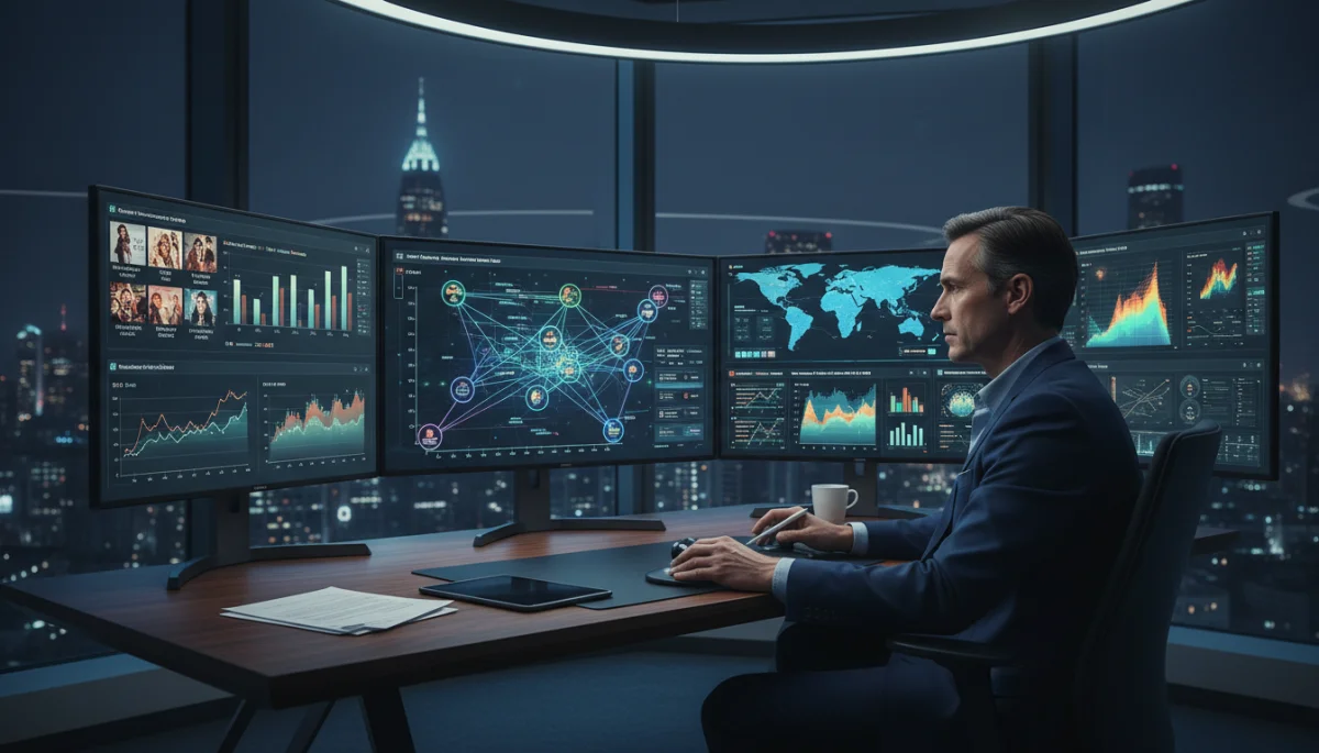 Executivo analisando dados de mercado e desempenho de conteúdo em plataformas de streaming.