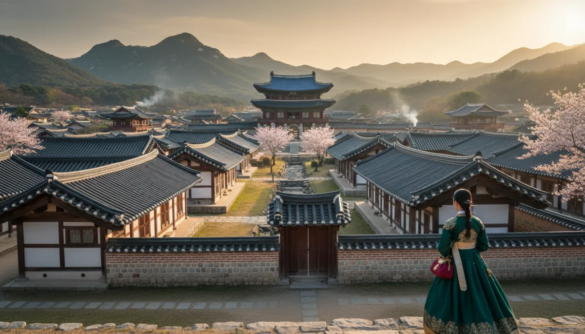 Detalhe da arquitetura tradicional coreana, um vilarejo hanok, destacando a beleza e precisão histórica.
