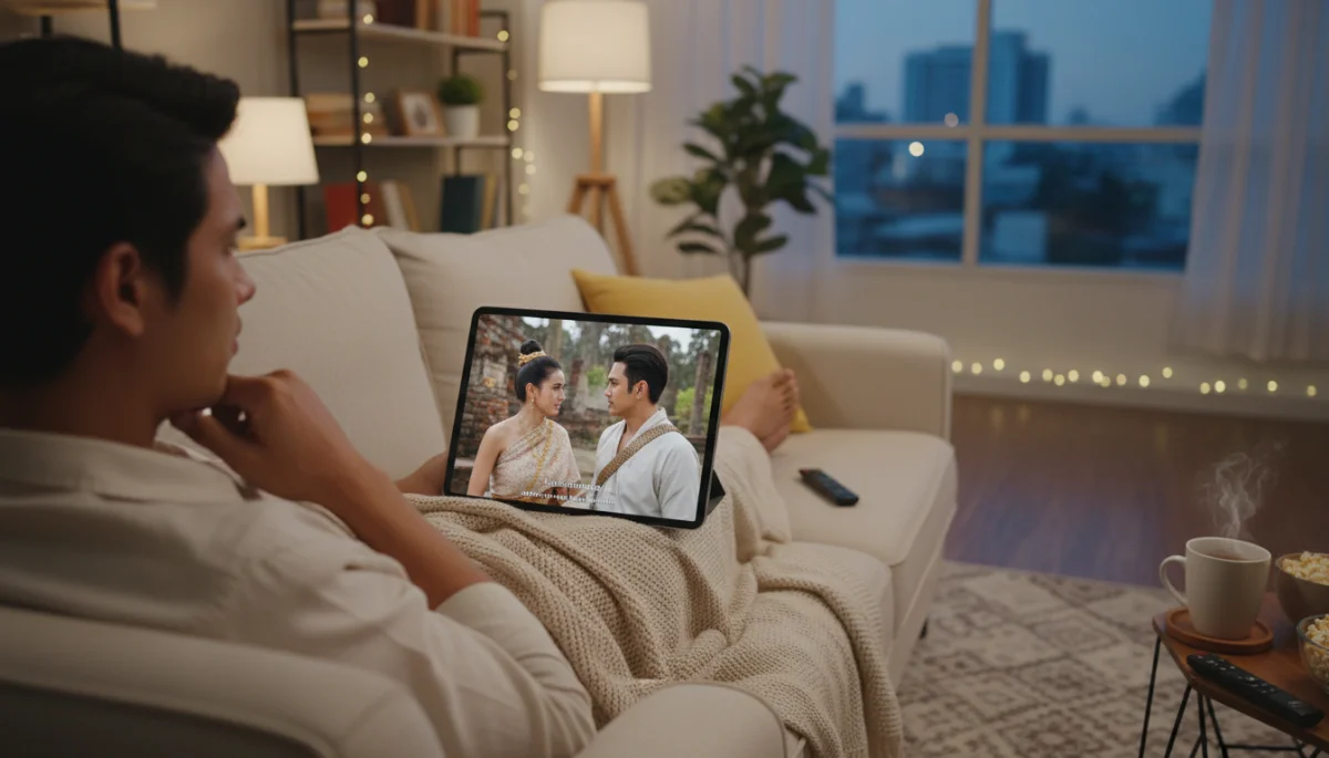 Pessoa assistindo a um dorama tailandês em tablet em um ambiente aconchegante.