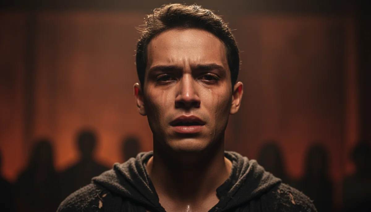 Ator brasileiro em uma atuação emocionante em um minidrama, com expressão intensa e foco dramático.