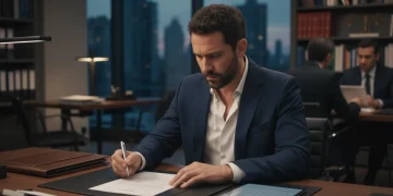 Ator brasileiro analisando contrato em mesa de escritório com documentos e caneta