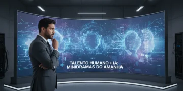 Ator brasileiro olhando para projeções de IA, representando o futuro financeiro no entretenimento.
