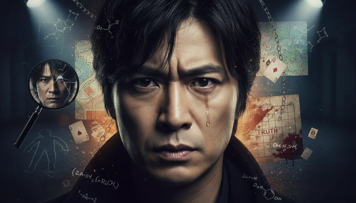 Close-up de um ator japonês em cena de dorama de mistério, com expressão intensa e detalhes visuais enigmáticos.