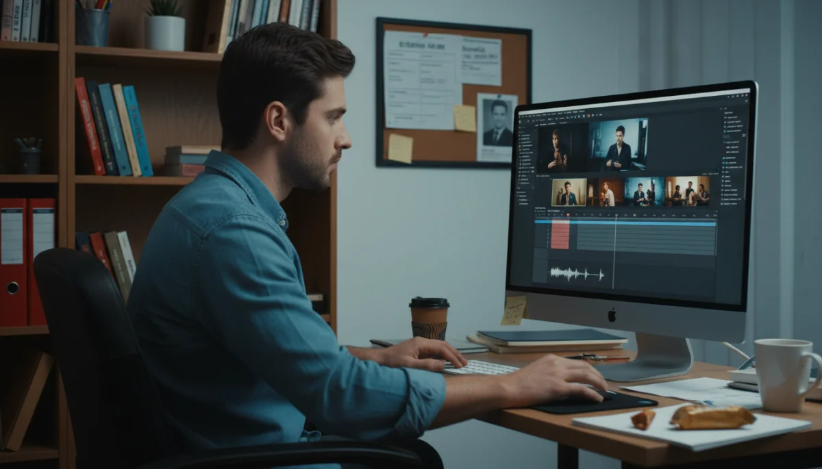 Ator editando seu demo reel em um computador, com foco na qualidade visual e narrativa.
