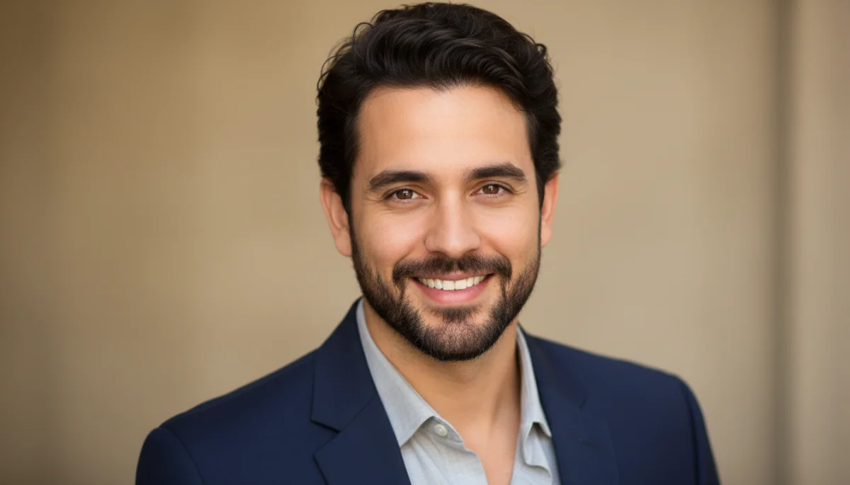Ator brasileiro com um headshot profissional, destacando sua marca pessoal para o mercado.