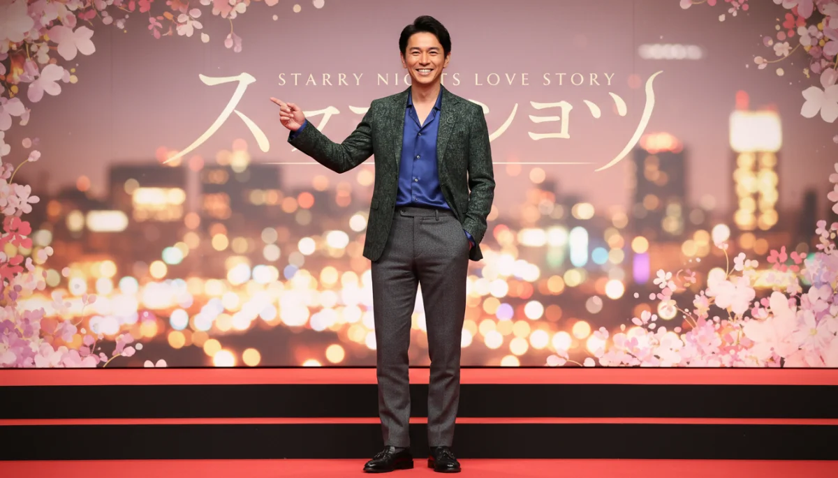 Ator japonês carismático, conhecido por doramas românticos, sorrindo e posando com confiança em um evento promocional, destacando sua presença marcante.
