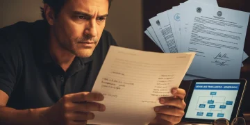 Ator brasileiro lendo roteiro com documentos legais, simbolizando a nova legislação trabalhista para mini dramas em 2026.