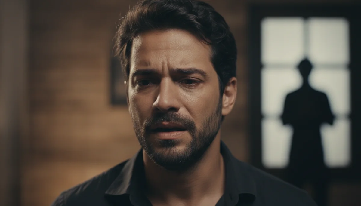 Ator brasileiro em performance intensa em um mini drama, destacando a emoção e a qualidade da atuação.