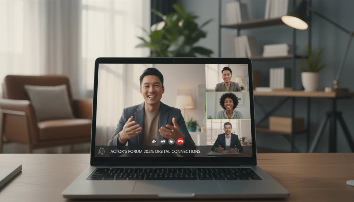 Ator jovem participando ativamente de um evento de networking virtual em seu notebook, conectando-se com outros profissionais da indústria