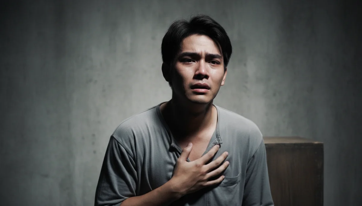 Ator tailandês em cena dramática, demonstrando talento que supera o baixo orçamento de produção.