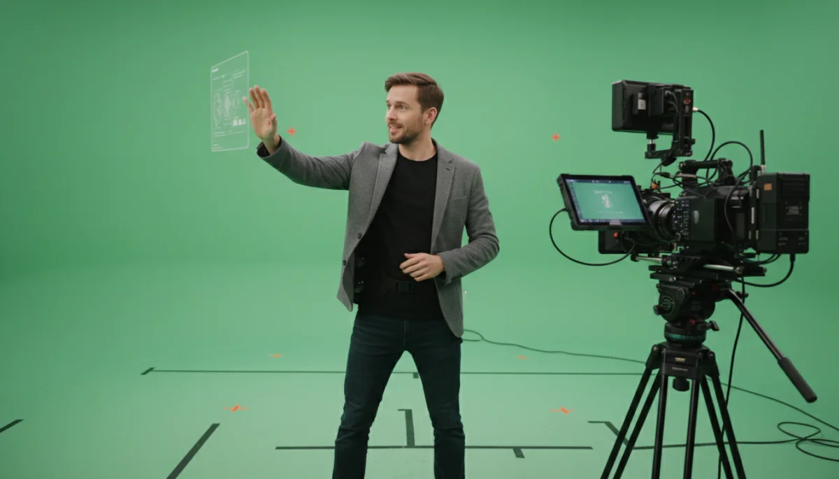 Ator interagindo com tela verde, demonstrando adaptabilidade a tecnologias de produção virtual para mini dramas.