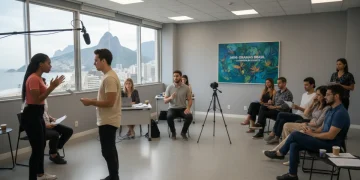 Atores brasileiros em uma audição para mini dramas, demonstrando emoções e técnicas de atuação em um estúdio moderno.
