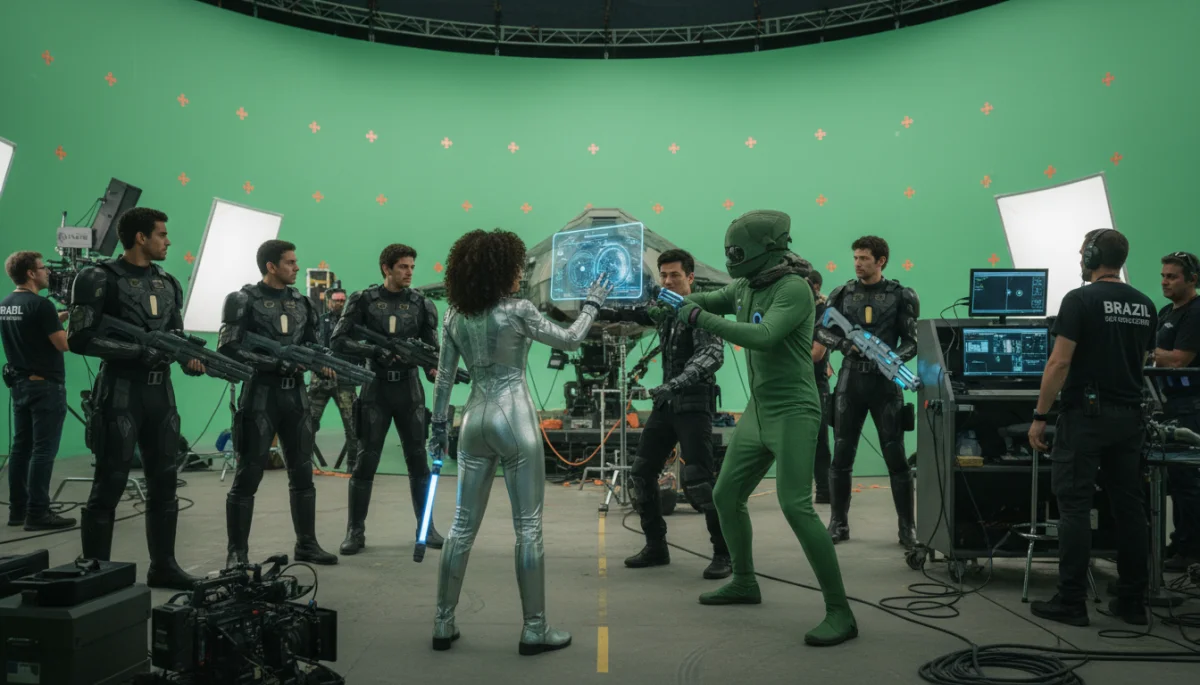 Atores brasileiros em um set de filmagem de ficção científica, com adereços futuristas e tecnologia de tela verde.