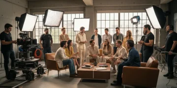 Atores brasileiros em set de filmagem de mini drama, discutindo roteiro e preparação para cenas.