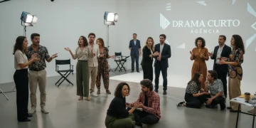 Atores brasileiros em um workshop de mini dramas, demonstrando emoções e talentos para agências em 2026.