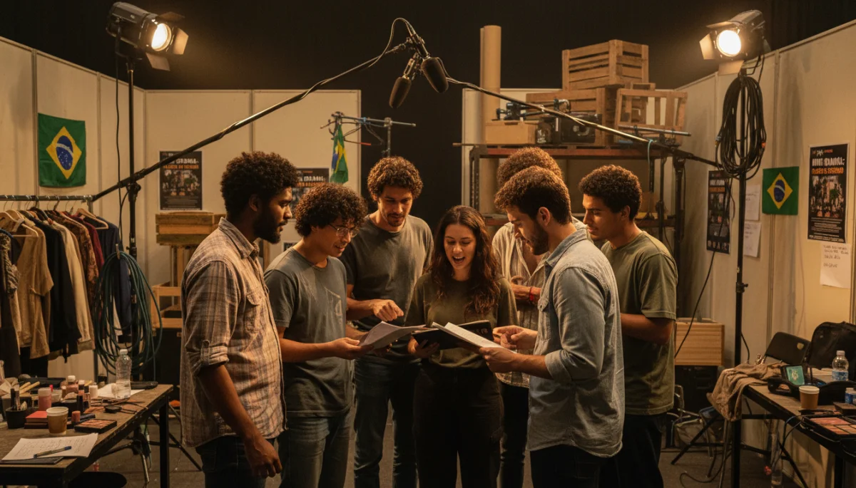 Jovens atores brasileiros nos bastidores, revisando roteiro de minidrama nacional.