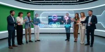 Atores brasileiros entusiasmados diante de telas de plataformas de streaming futuristas, simbolizando novas oportunidades.