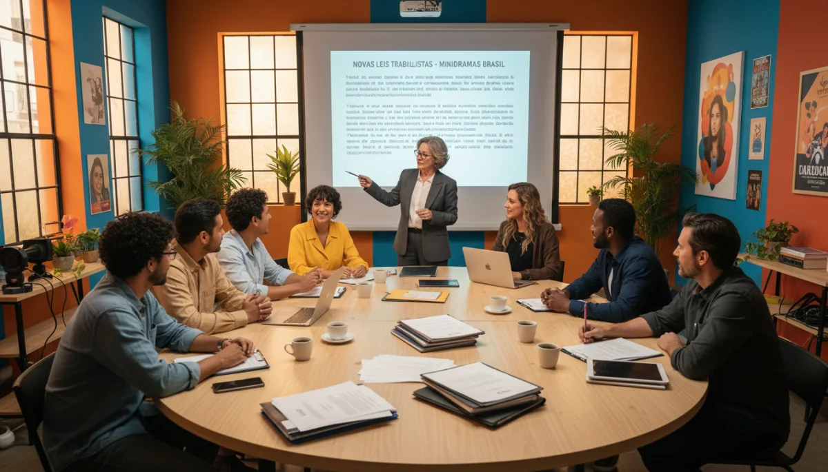 Atores discutindo contratos em estúdio com advogado, representando a aplicação das novas leis trabalhistas em mini dramas.
