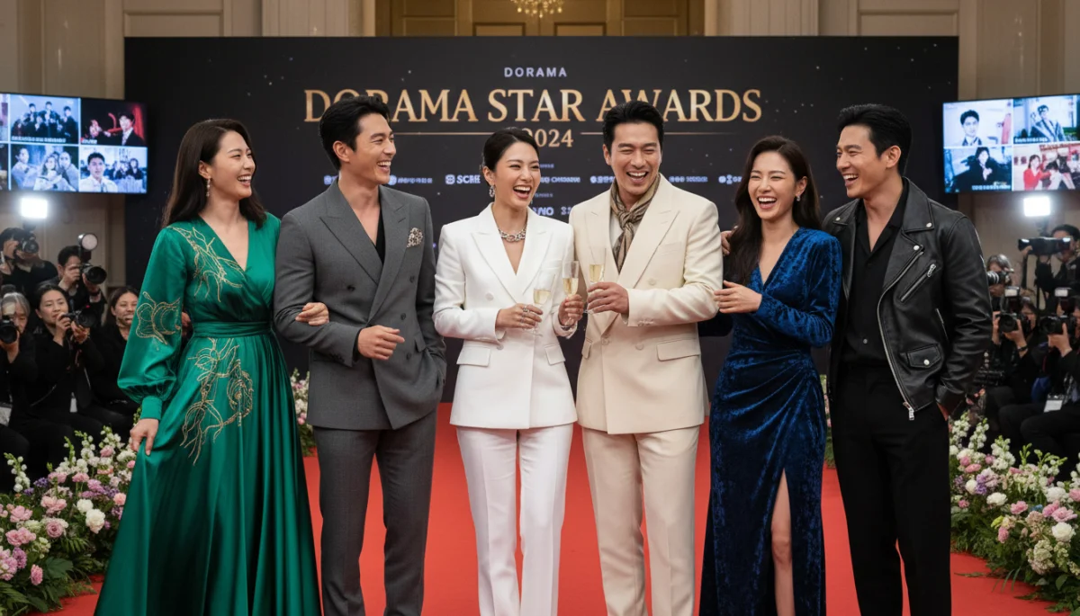 Atores coreanos renomados em evento de gala, simbolizando o glamour e a expectativa dos novos doramas.