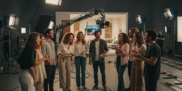 Atores brasileiros discutindo roteiro em um set de filmagem, simbolizando a produção de doramas.