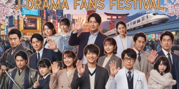Colagem vibrante de diversos atores de doramas japoneses populares, com cenas de seus trabalhos e elementos culturais do Japão, refletindo sua crescente popularidade no Brasil.