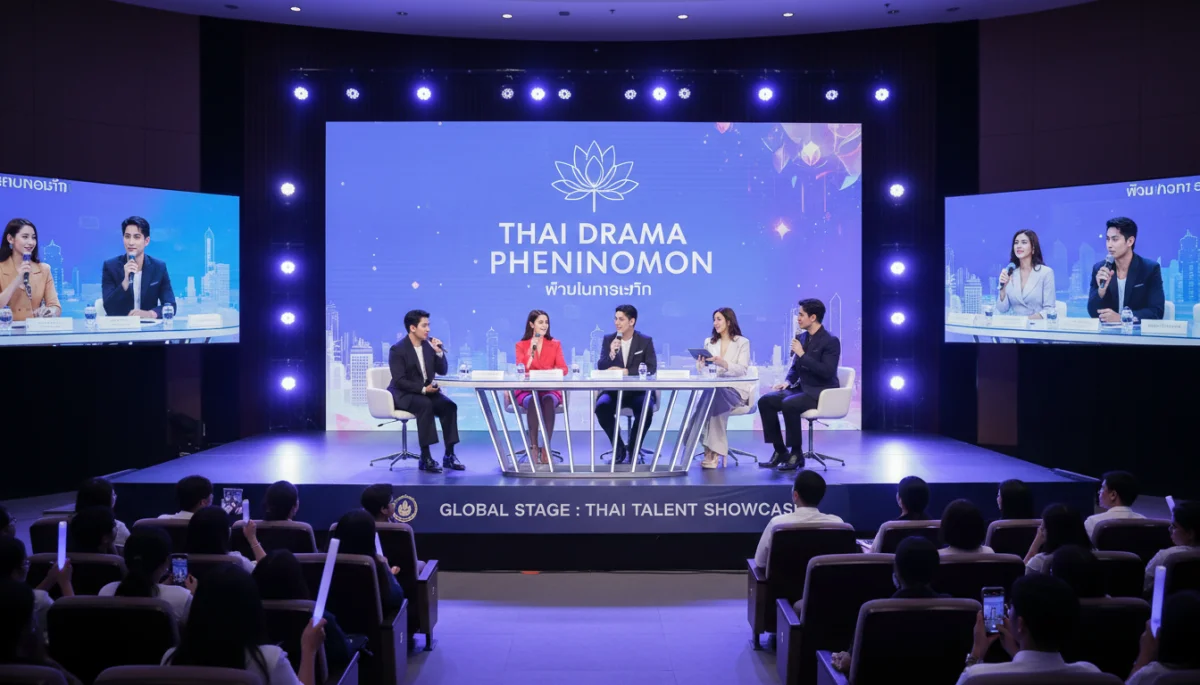 Atores tailandeses em evento de lançamento, simbolizando a crescente visibilidade dos doramas no cenário internacional.