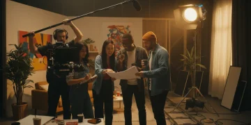 Atores colaborando em um set de mini drama, com equipamentos de filmagem, simbolizando a busca por financiamento.