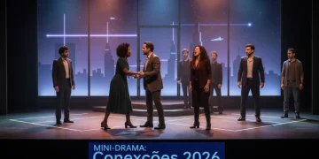 Atores brasileiros em cena intensa de mini drama, com cenário moderno e iluminação dramática.
