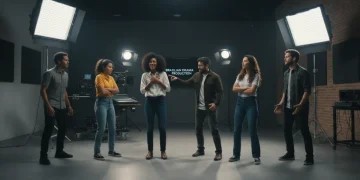 Atores ensaiando intensamente em um estúdio moderno para mini dramas, com foco na expressão e colaboração.