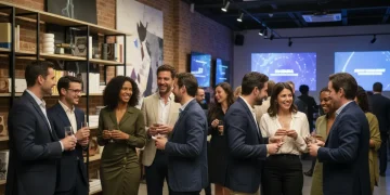 Atores de mini dramas em evento de networking profissional, trocando contatos e discutindo oportunidades de carreira.