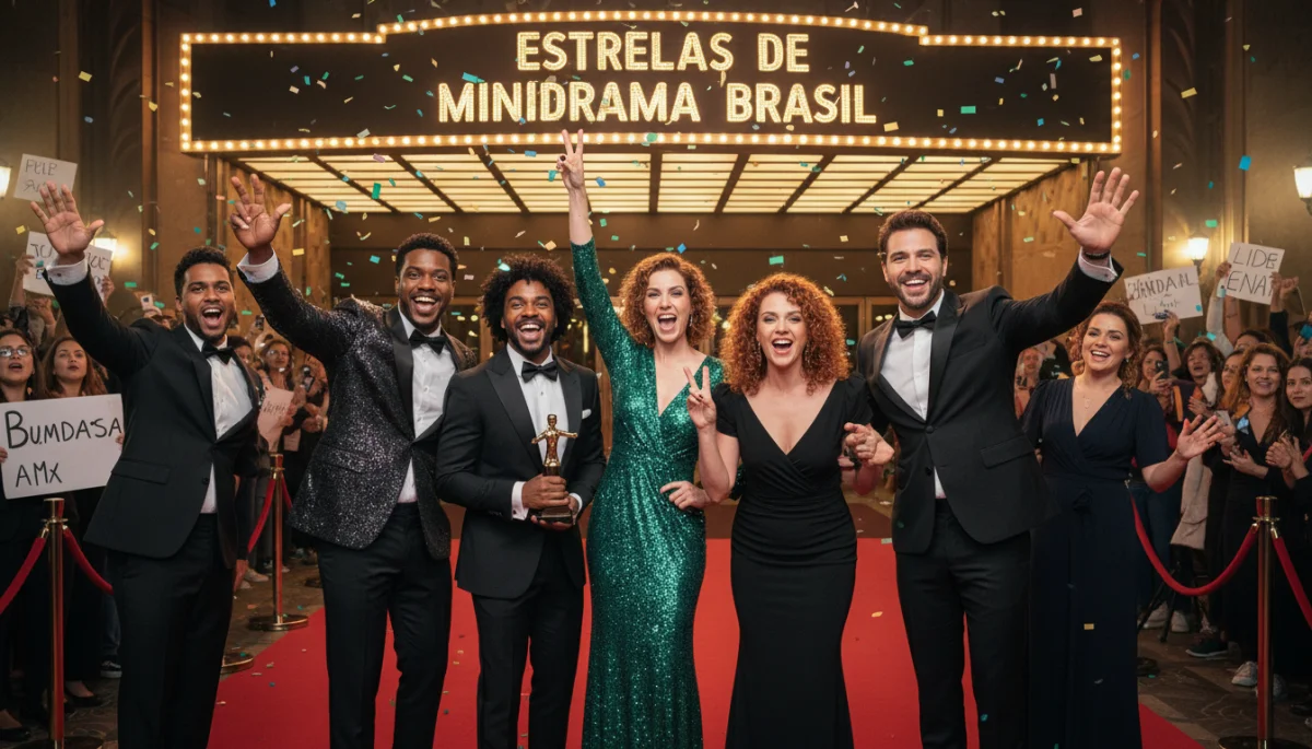 Grupo de atores brasileiros diversos no tapete vermelho, sorrindo e interagindo com fãs, representando o sucesso e a fama alcançados pelas estrelas de minidramas no Brasil.