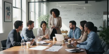 Atores de mini dramas discutindo planejamento financeiro em um ambiente de coworking, com laptops e documentos à vista.