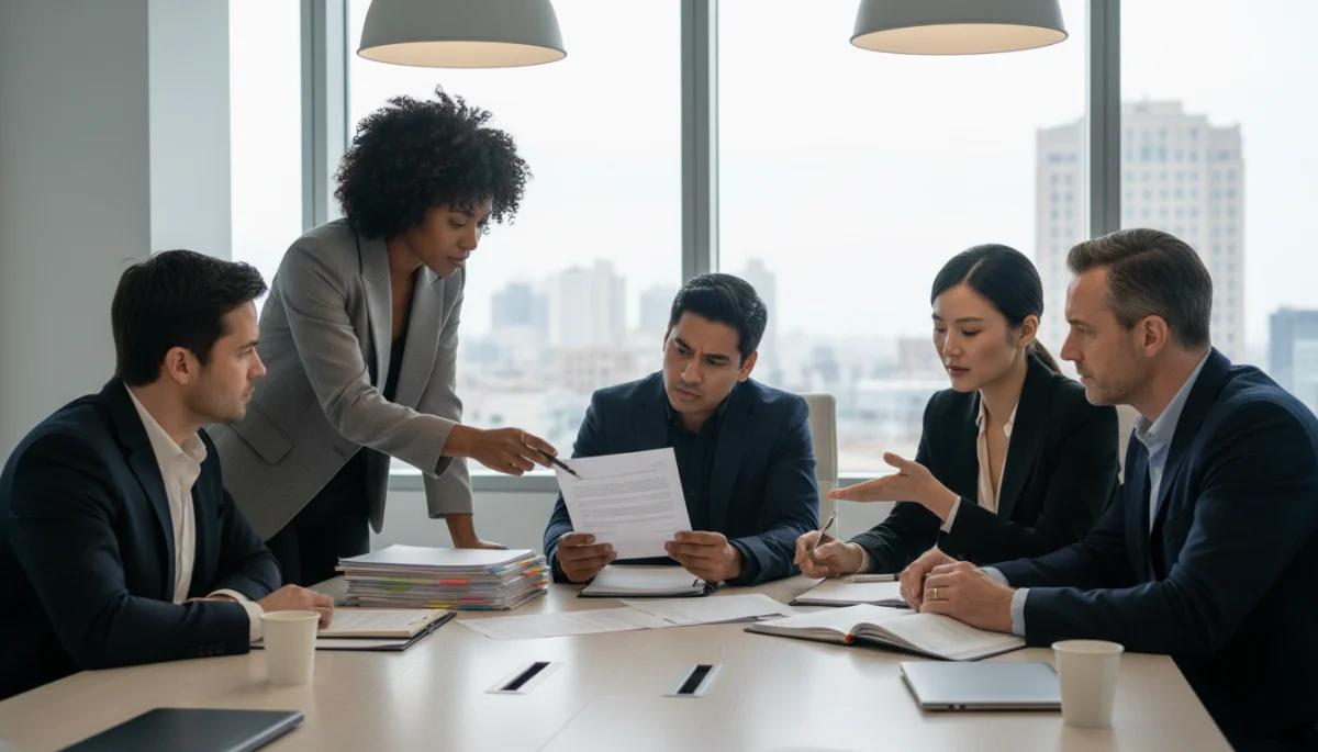 Atores em reunião analisando cláusulas contratuais e roteiro de mini drama.