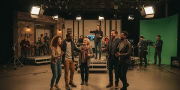 Atores versáteis em um set de filmagem de mini drama, interagindo e demonstrando energia, refletindo a crescente demanda por talentos adaptáveis na indústria.