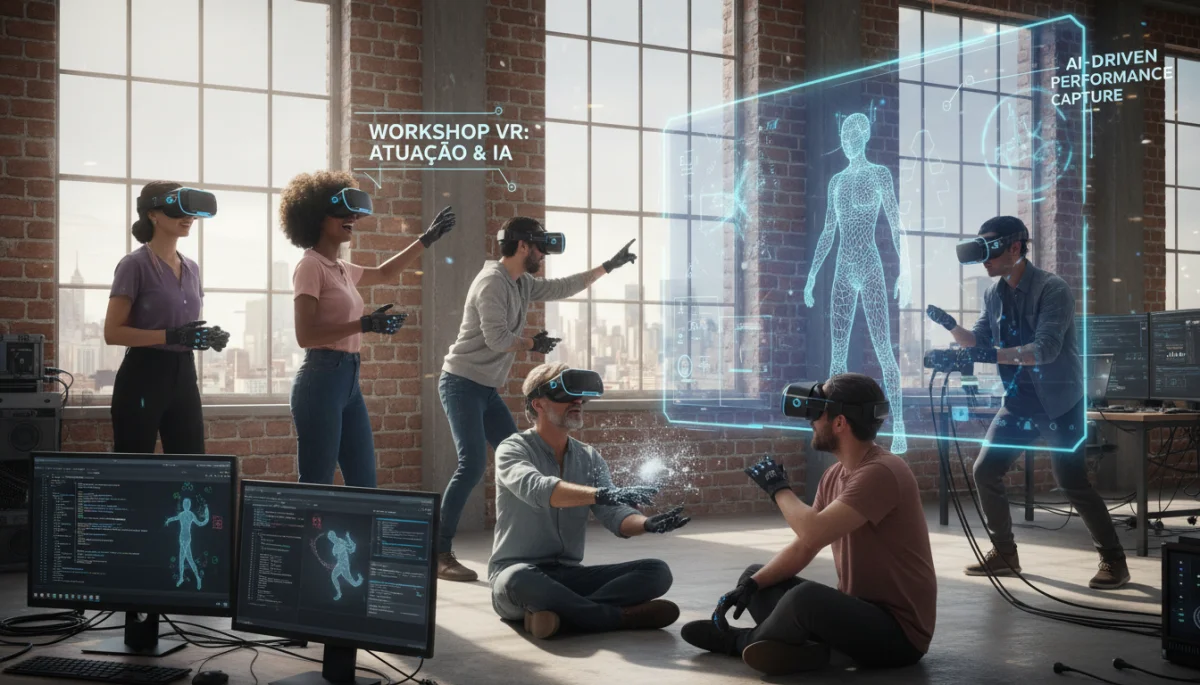 Atores brasileiros em workshop de realidade virtual, aprendendo sobre IA e novas tecnologias de atuação.