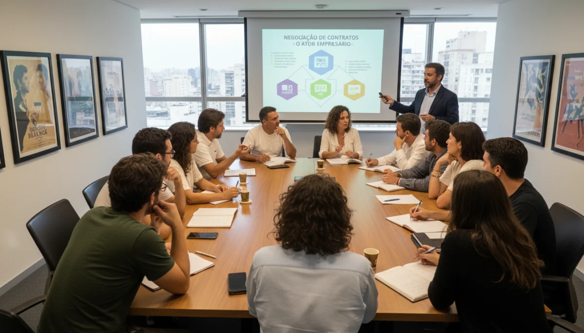Grupo de atores brasileiros participando de workshop sobre negociação de contratos