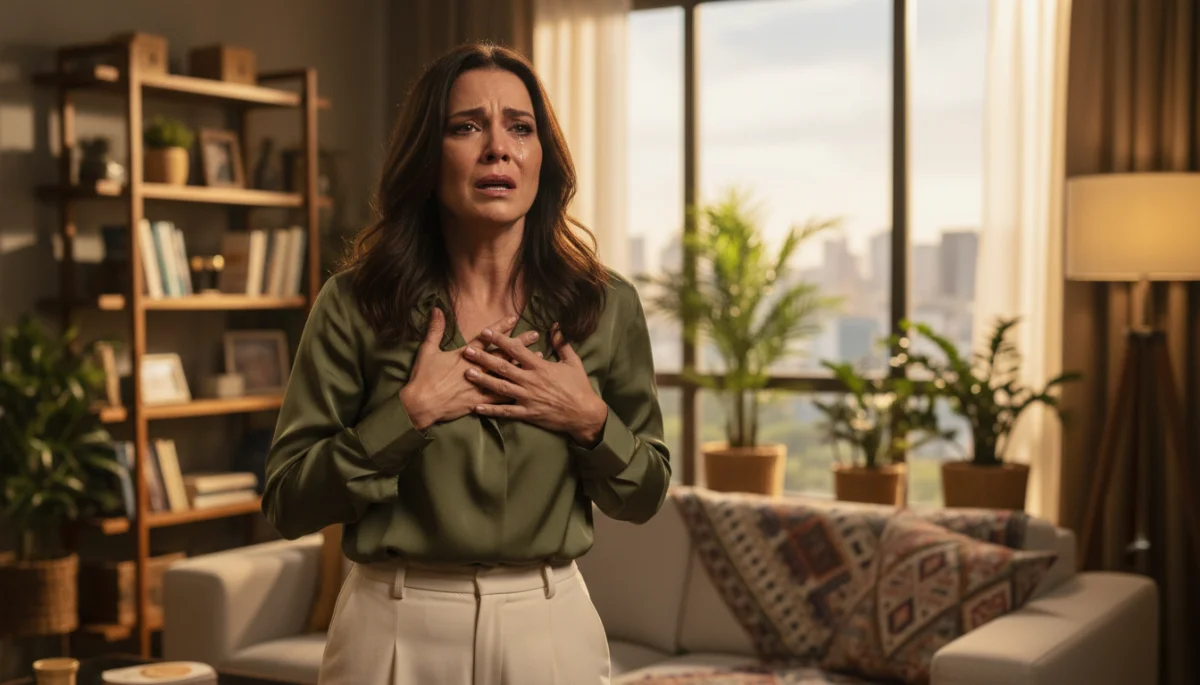 Atriz brasileira interpretando cena dramática em cenário de dorama.