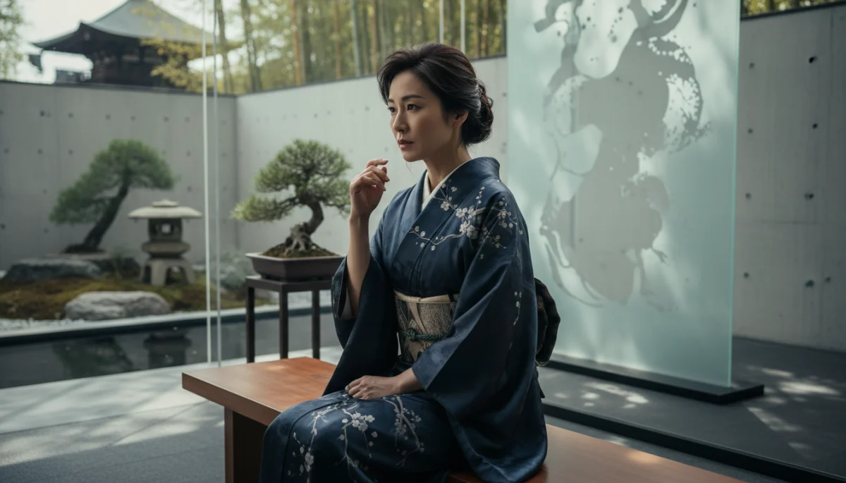 Atriz japonesa aclamada, com expressão intensa, em traje elegante ou de personagem, representando sua versatilidade em doramas históricos ou de suspense.