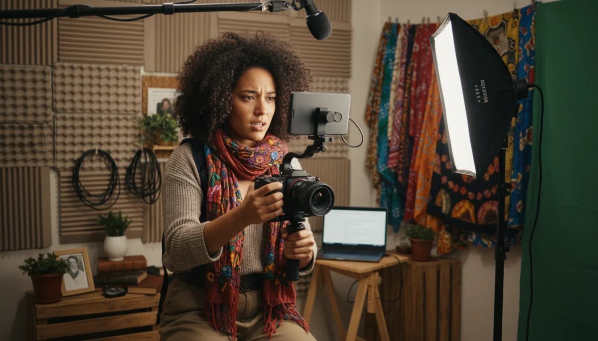 Jovem atriz brasileira gravando mini drama em estúdio compacto, demonstrando foco e versatilidade.