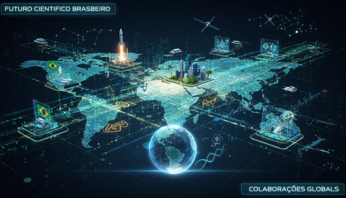 Representação visual de fluxos de dados e redes interconectadas, simbolizando os avanços tecnológicos e colaborações globais na ficção científica brasileira.