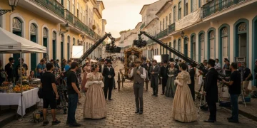 Equipe de filmagem movimentada nos bastidores de uma série nacional de sucesso, com câmeras, luzes e atores.