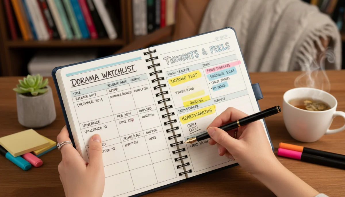 Mãos escrevendo títulos de doramas e datas de lançamento em um bullet journal, com canetas coloridas e adesivos.