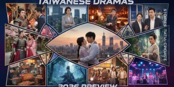 Capa do guia com colagem de cenas de doramas taiwaneses, destacando romances e dramas urbanos.