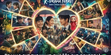 Capa vibrante com cenas de K-dramas populares e elementos culturais coreanos, representando a imersão de fãs brasileiros no universo das séries.