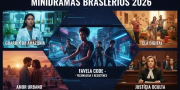 Capa do artigo sobre os 5 minidramas brasileiros mais inovadores de 2026, com elementos visuais de cada produção.