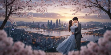 Casal de dorama de romance moderno abraçado sob cerejeiras, com cidade ao fundo.