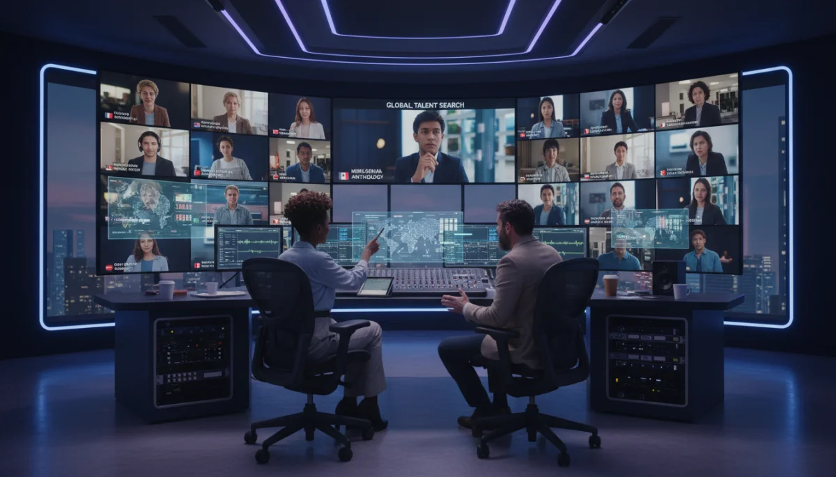 Diretor de elenco e produtor analisando audições digitais para mini dramas, focados em talentos diversos.