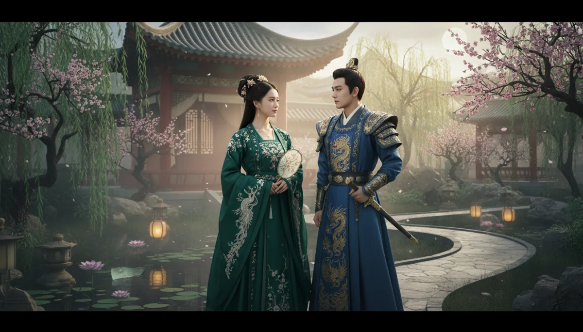 Cena de dorama chinês de fantasia histórica com personagens em trajes tradicionais em um jardim exuberante.