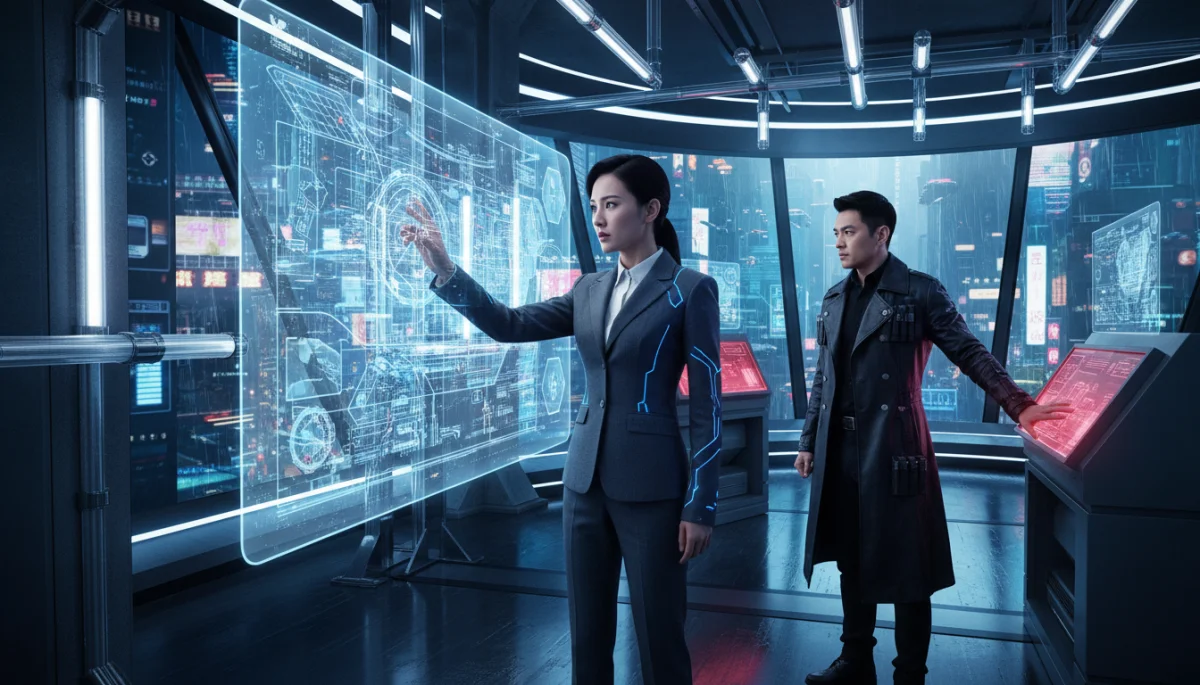 Cena de dorama chinês de ficção científica com tecnologia avançada e personagens em um ambiente futurista.